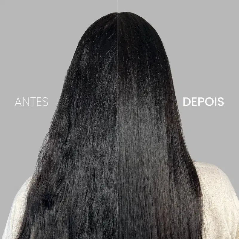 A imagem traz uma comparação antes e depois do uso do Óleo Capilar Cadiveu Professional Final Style Supreme Oil. Na esquerda, o "Antes" mostra cabelos opacos e sem brilho. Já na direita, o "Depois",  com fios mais brilhantes e sedosos.