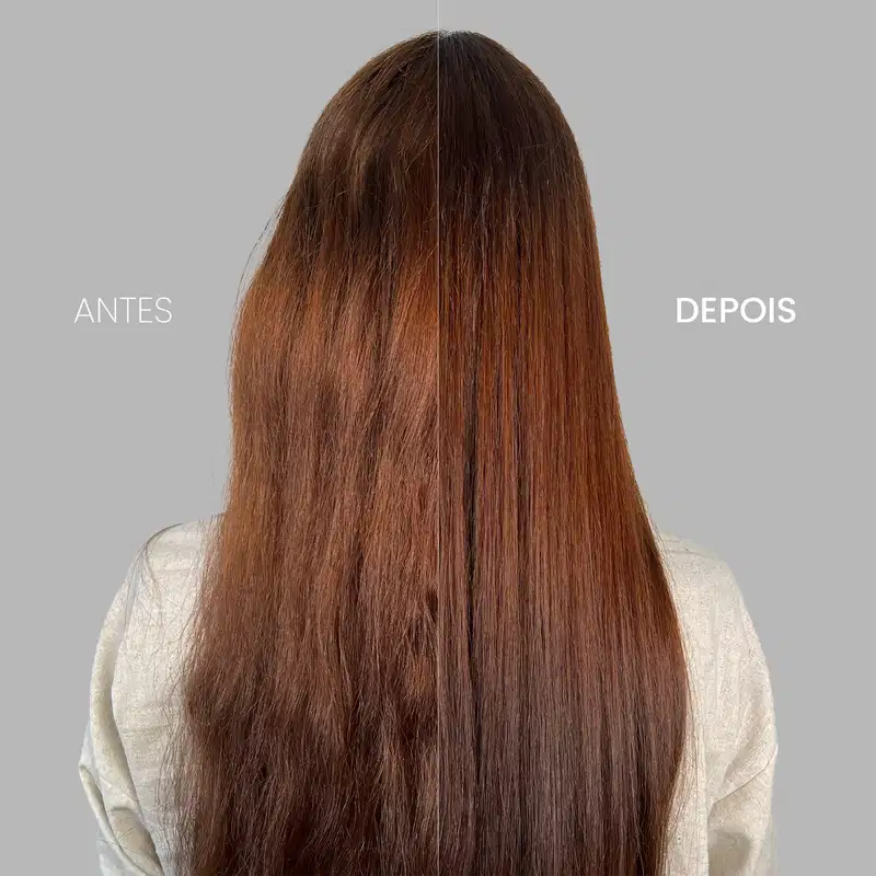 A imagem traz uma comparação antes e depois do uso do Óleo Capilar Cadiveu Professional Final Style Supreme Oil. Na esquerda, o "Antes" mostra cabelos opacos e sem brilho. Já na direita, o "Depois",  com fios mais brilhantes e sedosos.