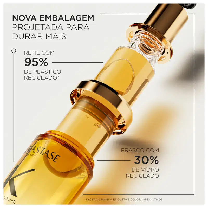 A imagem mostra o novo frasco e destaca que é projetado para durar mais tempo. É de vidro amarelo e possui detalhes dourados nas extremidades. É sustentável, sendo o refil feito com 95% de plástico reciclado e o frasco contém 30% de vidro reciclado.