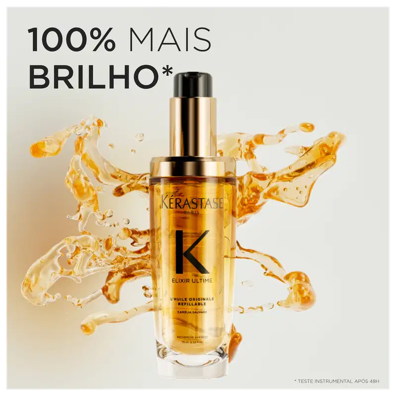 A imagem mostra o Óleo Elixir Ultime de Kérastase. No centro, destaca-se um frasco dourado e ao seu redor, há respingos e movimentos de um líquido cor âmbar, dando a impressão de brilho e vitalidade. O texto em destaque diz 100% Mais Brilho.