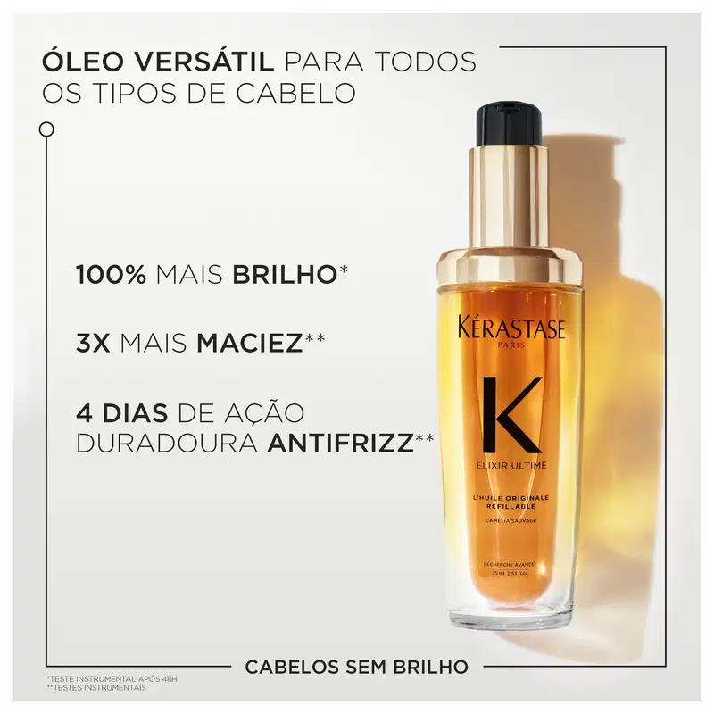 A imagem mostra o frasco do óleo e destaca benefícios como: versátil para todos os tipos de cabelo, 100% mais brilho, 3x mais maciez e 4 dias de ação duradoura antifrizz.