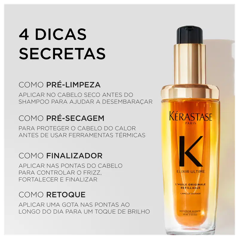 A imagem mostra um frasco do óleo e indica 4 dicas secretas de utilização: como pré limpeza, pré secagem, como finalizador e como retoque.