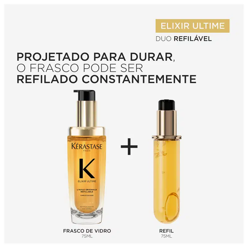 A imagem mostra o óleo de Elixir Ultime da Kérastase, que é duo refilável. Há um frasco de vidro maior e um refil menor, ambos contendo um óleo de cor dourada. O texto descreve que foi "Projetado para durar", pois o frasco pode ser constantemente refilado