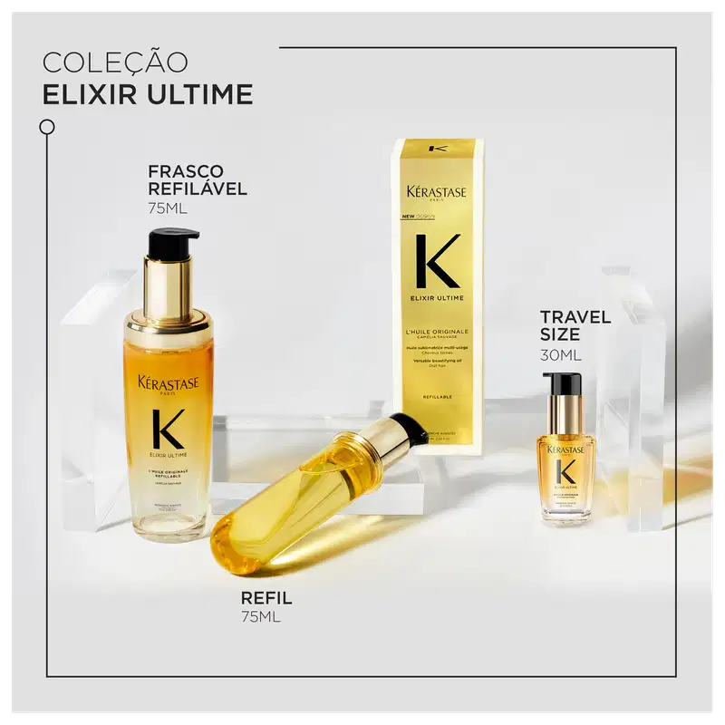A imagem mostra a coleção Elixir Ultime da marca Kérastase, que inclui os seguintes produtos:
Um frasco refilável de 75ml, um frasco menor de 30ml, identificado como Travel Size, um refil de 75ml e caixa dos produtos. Todos são dourados com letras pretas.