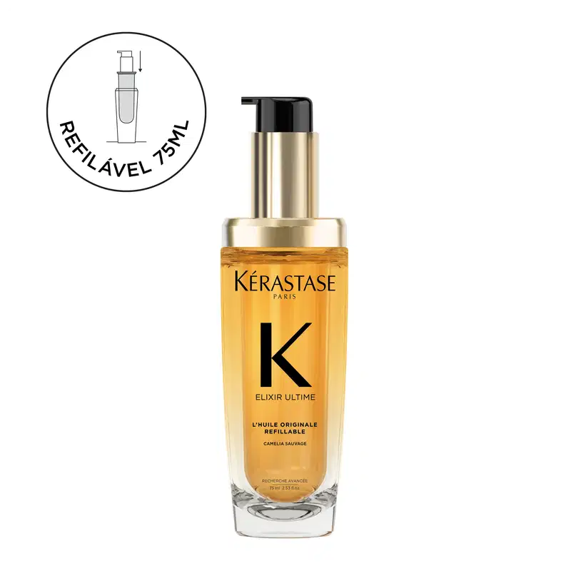 A imagem mostra o frasco do óleo capilar elixir ultime de Kérastase e uma ilustração acima que indica que é um produto refilável de 75ml.