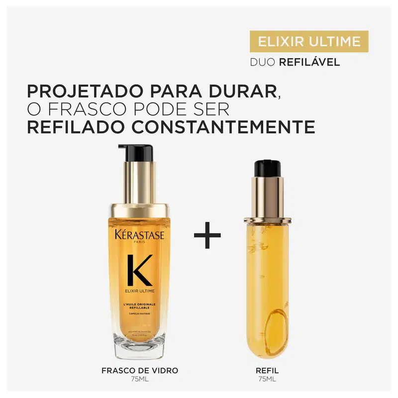 A imagem mostra o óleo de Elixir Ultime da Kérastase, que é duo refilável. Há um frasco de vidro maior e um refil menor, ambos contendo um óleo de cor dourada. O texto descreve que foi "Projetado para durar", pois o frasco pode ser constantemente refilado
