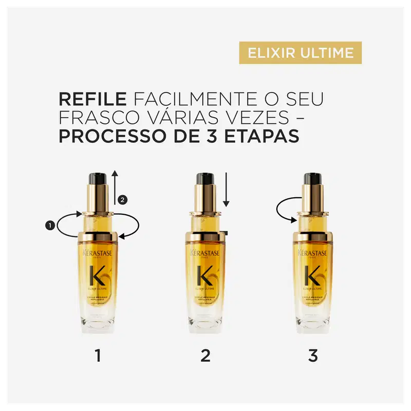 A imagem mostra o passo a passo para refilar o óleo capilar. Ela explica que é fácil reabastecer o frasco várias vezes através de um processo de 3 etapas. A imagem exibe três frascos dourados do produto, numerados de 1 a 3, ilustrando as etapas.