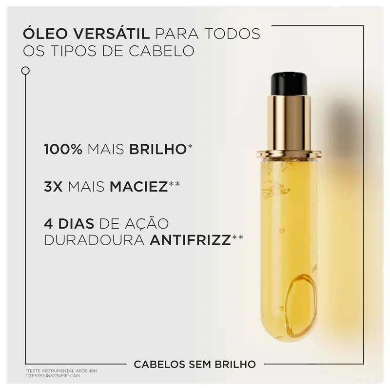 A imagem mostra o refil do óleo e destaca benefícios como: versátil para todos os tipos de cabelo, 100% mais brilho, 3x mais maciez e 4 dias de ação duradoura antifrizz.
