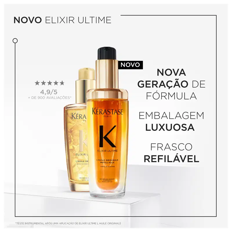 A imagem mostra a comparação do antigo e novo frasco dos óleos de Elixir Ultime. São de vidro luxuosos com líquidos dourados e âmbar. Um deles é refilável. O texto destaca para nova embalagem: Nova Geração de Fórmula, Embalagem Luxuosa e Frasco Refilável