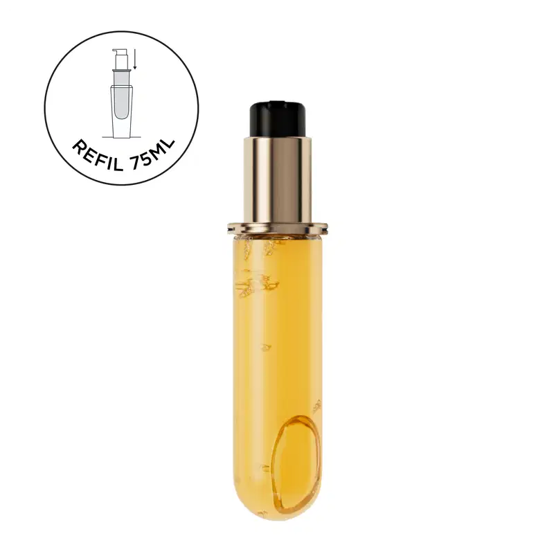 A imagem mostra o frasco do refil de óleo capilar elixir ultime de Kérastase e uma ilustração acima que indica que refil 75ml.