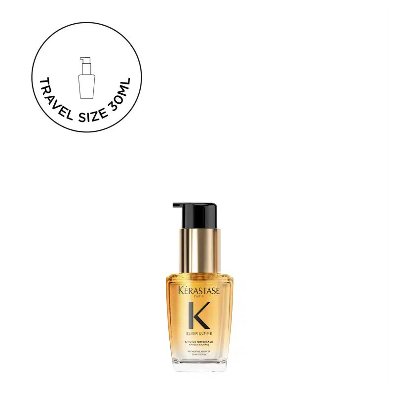 A imagem mostra o frasco do óleo capilar elixir ultime de Kérastase e uma ilustração acima que indica que é um produto travel size 30ml.
