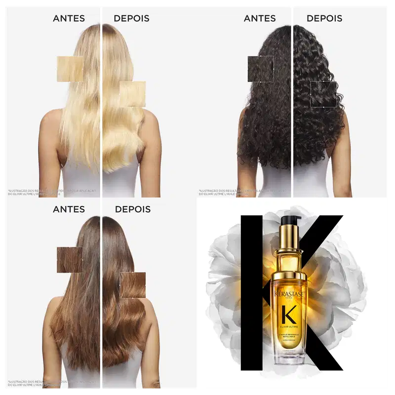 A imagem mostra painéis de antes e depois de usar o óleo em diferentes tipos de cabelo. O 1º mostra uma mulher de costas com cabelos lisos e loiros. O 2º exibe uma mulher de cabelos escuros e cacheados. O 3º tem uma mulher de cabelos castanhos e lisos.