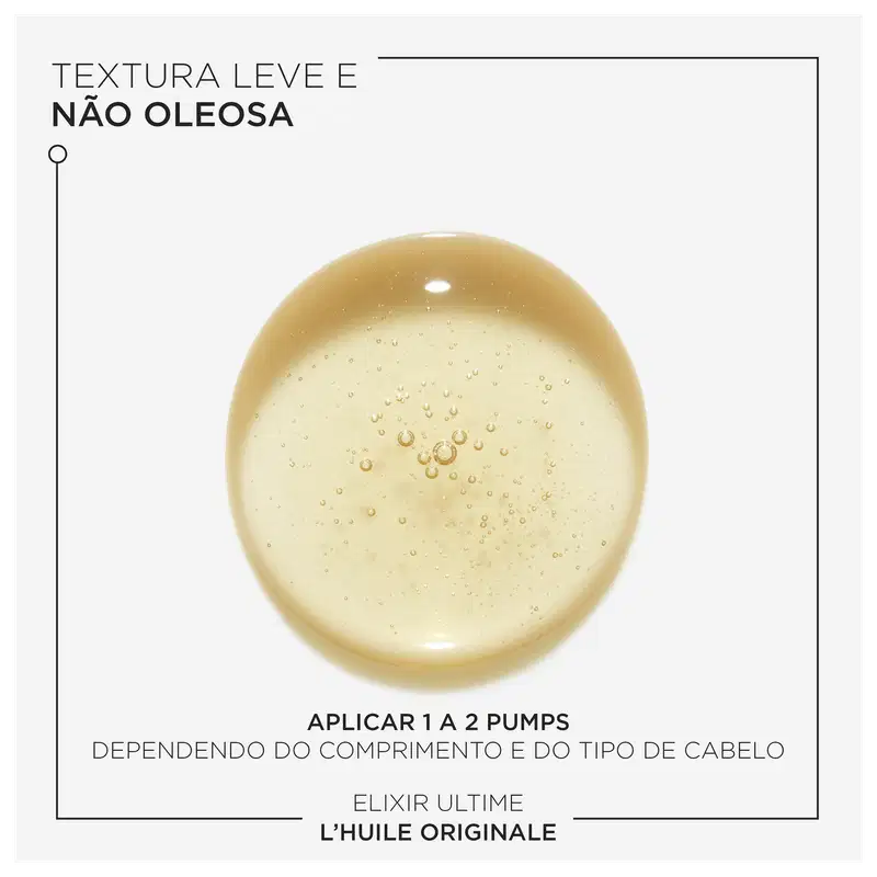 A imagem mostra uma gota do óleo, ela é dourada e apresenta algumas pequenas bolhas de ar em seu interior. O texto indica que sua textura é leve, não oleosa e que deve ser aplicado de 1 a 2 pumps dependendo do comprimento e tipo de cabelo