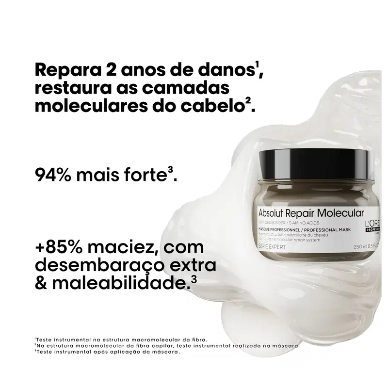 A imagem apresenta benefícios da máscara: repara danos de até 2 anos nas camadas moleculares dos cabelos, deixando-os 94% mais fortes. Além disso, promete proporcionar 85% mais maciez e desembaraço extra aos fios, com maior maleabilidade após o uso.