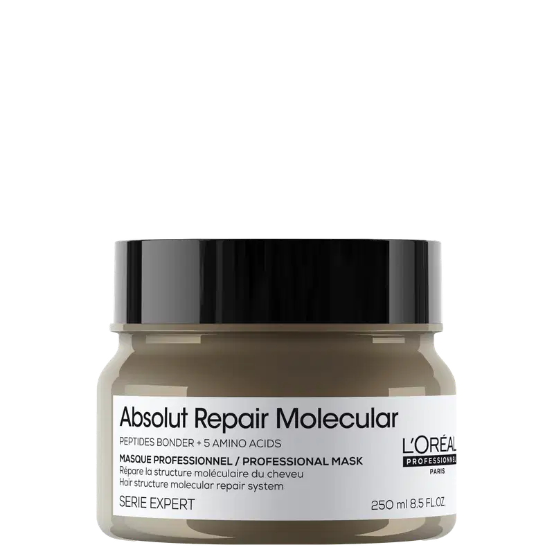A imagem mostra a máscara capilar da marca L'Oréal Professionnel da linha Absolut Repair Molecular", indicada para reparar a estrutura molecular dos cabelos. O frasco é marrom com uma tampa preta e rótulo branco.