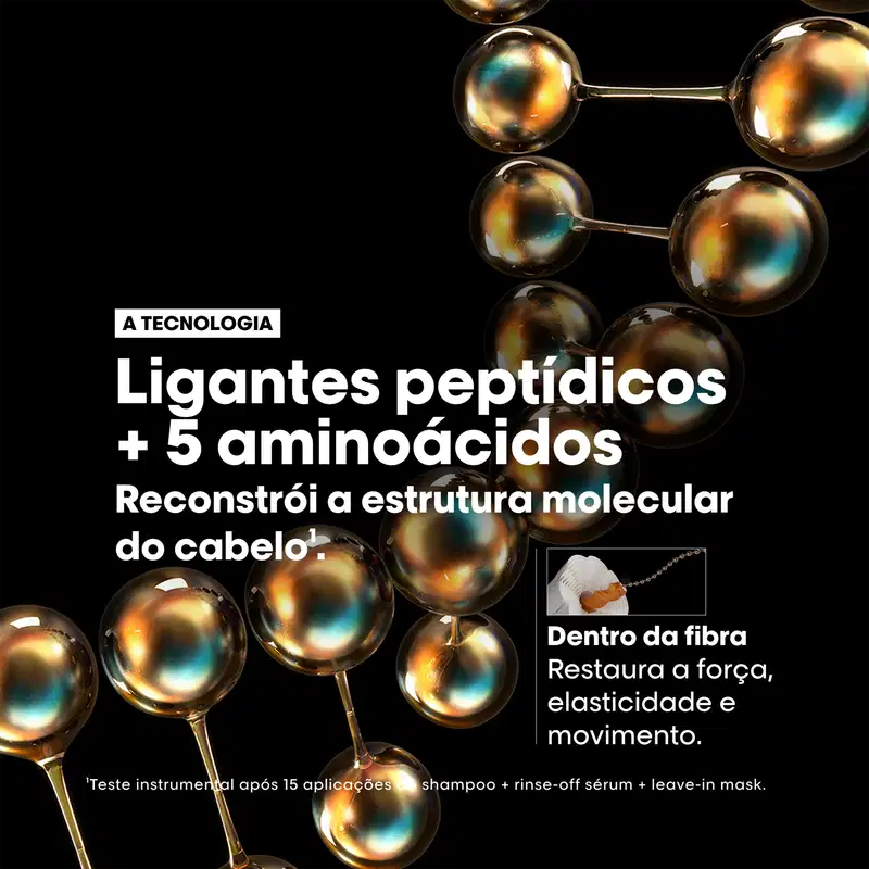 A imagem mostra a tecnologia Ligantes peptídicos + 5 aminoácidos que tem como objetivo reconstruir a estrutura molecular do cabelo. Dentro da fibra capilar, restaura a força, elasticidade e movimento. A imagem mostra várias esferas metálicas conectadas.