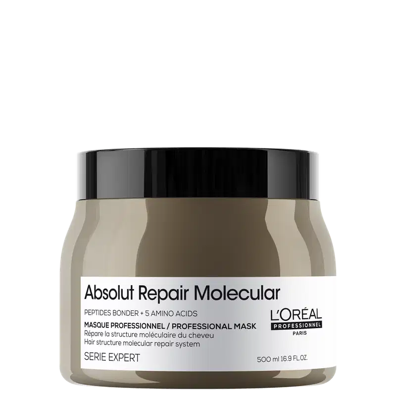 A imagem mostra a máscara capilar da marca L'Oréal Professionnel da linha Absolut Repair Molecular", indicada para reparar a estrutura molecular dos cabelos. O frasco é marrom com uma tampa preta e rótulo branco.