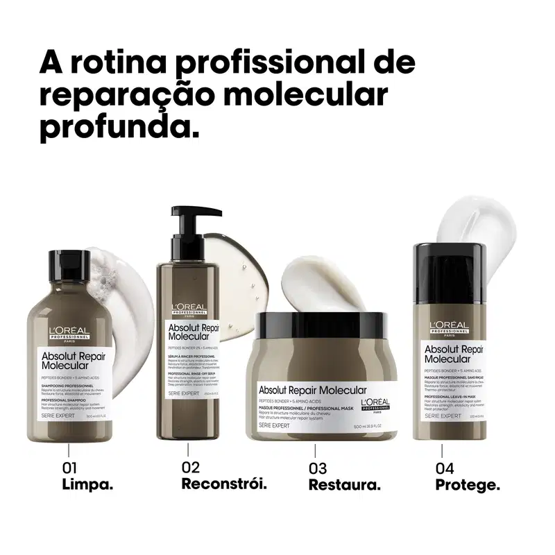 A linha de produtos Absolut Repair Molecular da L'Oréal Professionnel inclui shampoo, reconstrutor, máscara e protetor capilar em embalagens pretas e brancas com detalhes em cinza. Os produtos prometem reparação molecular profunda para o cabelo.