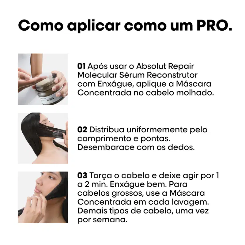 A imagem descreve o passamento de como aplicar a máscara capilar de modo profissional.