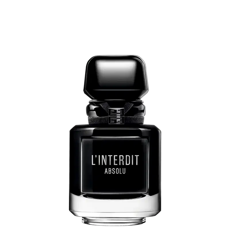 A imagem mostra o frasco do perfume L'Interdit Absolu. É um frasco de vidro preto reluzente, como uma joia, quadrado angulado com detalhes em prata na parte inferior e superior. A tampa do frasco é preta e retangular angulada.