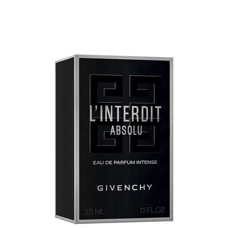 A imagem mostra a caixa do perfume de Givenchy, o L'Interdit Absolu Eau de Parfum Intense. A caixa é preta e tem um design minimalista e elegante, com o nome do perfume e da marca apresentados em letras brancas em negrito contra o fundo preto.