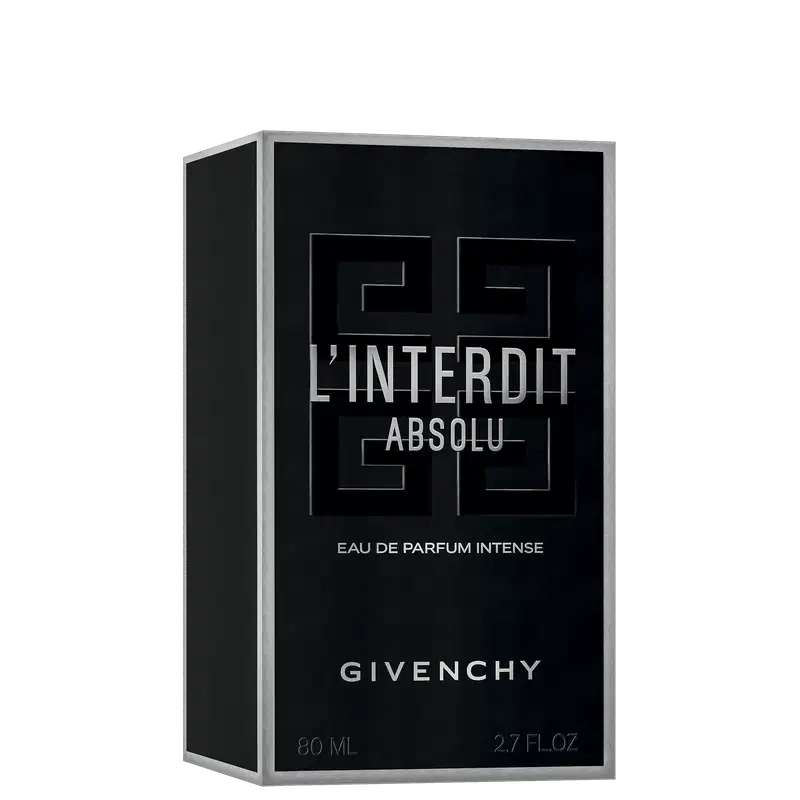 A imagem mostra a caixa do perfume de Givenchy, o L'Interdit Absolu Eau de Parfum Intense. A caixa é preta e tem um design minimalista e elegante, com o nome do perfume e da marca apresentados em letras brancas em negrito contra o fundo preto.