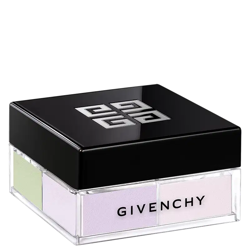 A imagem mostra o pó solto de Givenchy. É uma caixa preta elegante, com o logotipo da marca em relevo na tampa superior. A caixa é retangular e possui uma base transparente de acrílico que permite ver as cores suaves de verde, lilás e rosa.