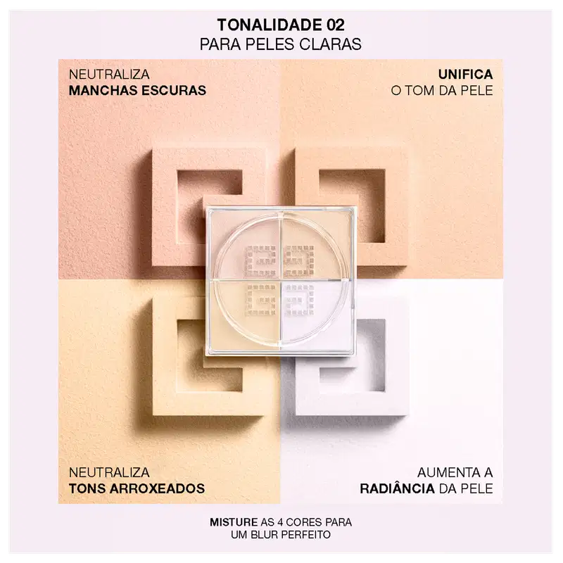 A imagem mostra as cores da TONALIDADE 02 PARA PELES CLARAS do pó solto. Os tons indicam: neutraliza Manchas Escuras, Tons Arroxeados. Além de tons para unificar e aumentar a radiância da pele.