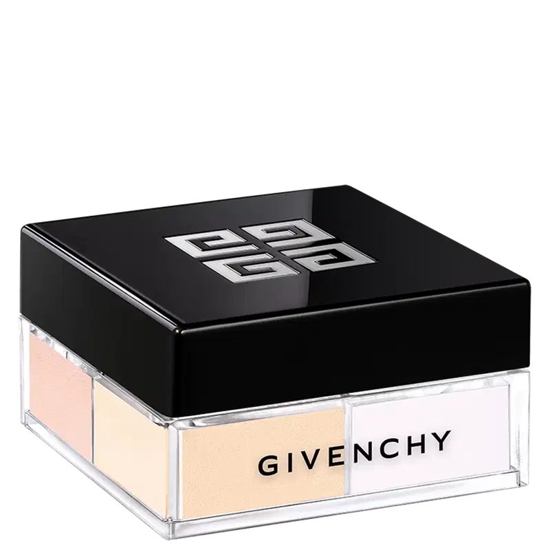 A imagem mostra o pó solto de Givenchy. É uma caixa preta elegante, com o logotipo da marca em relevo na tampa superior. A caixa é retangular e possui uma base transparente de acrílico que permite ver as cores suaves do pó solto.