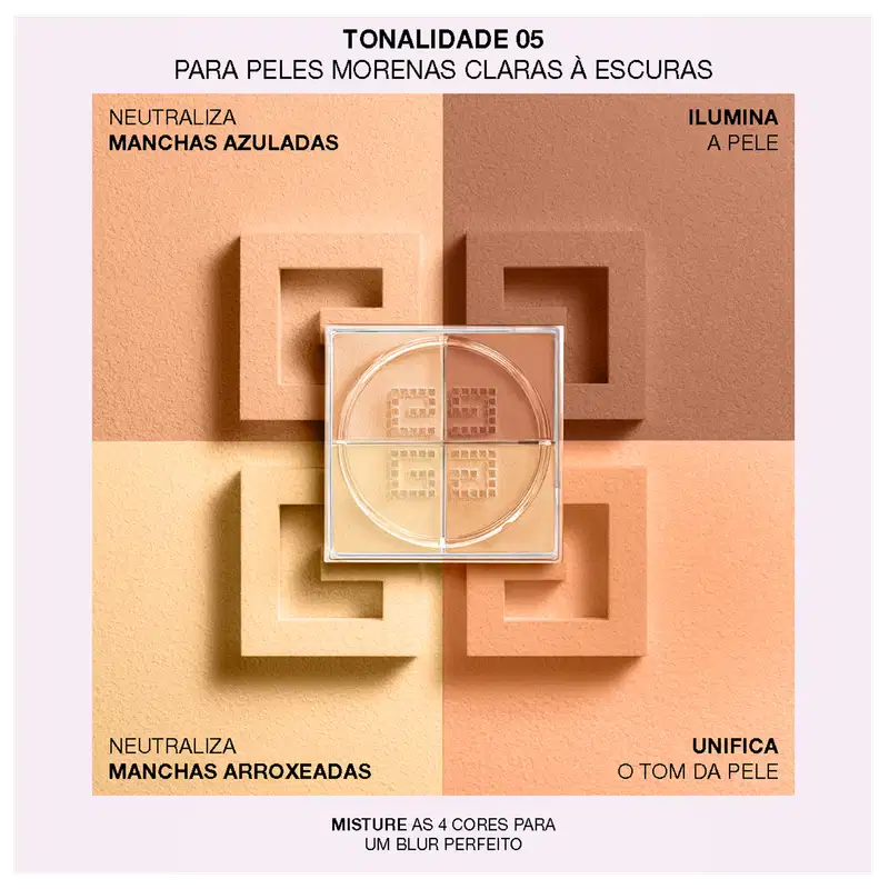 A imagem mostra as cores da TONALIDADE 05 PARA PELES MORENAS CLARAS ÀS ESCURAS do pó solto. Indica que Neutraliza manchas azuladas e arroxeadas. Tons que unificam e Iluminam a pele.