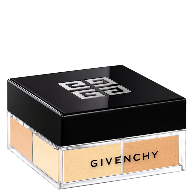 A imagem mostra o pó solto de Givenchy. É uma caixa preta elegante, com o logotipo da marca em relevo na tampa superior. A caixa é retangular e possui uma base transparente de acrílico que permite ver as cores em tons de ocre e laranja.