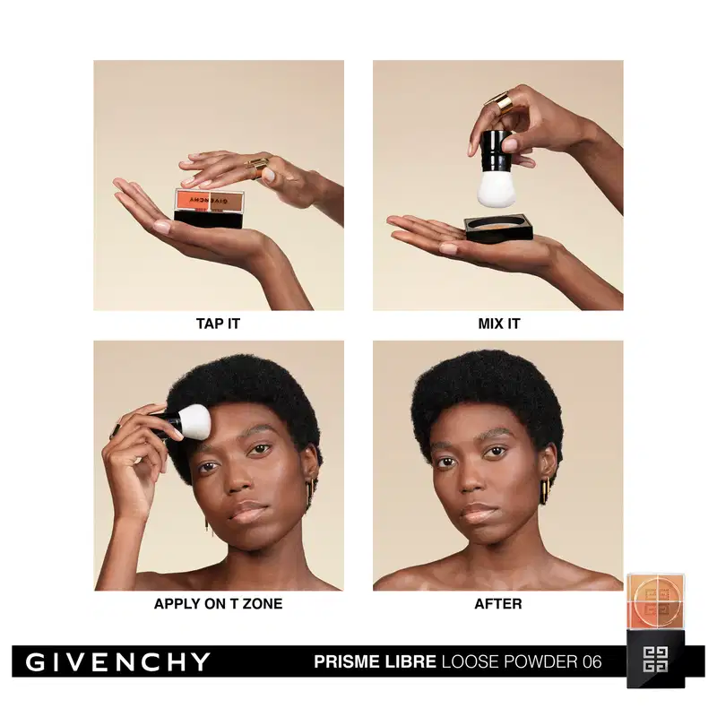 A imagem mostra uma modelo negra ensinando como aplicar o pó solto. 1º bater levemente no produto para soltá-lo; em seguida, misturar o pó com um aplicador; depois, aplicar na zona T do rosto; e por fim, o resultado final da pele matificada e iluminada.