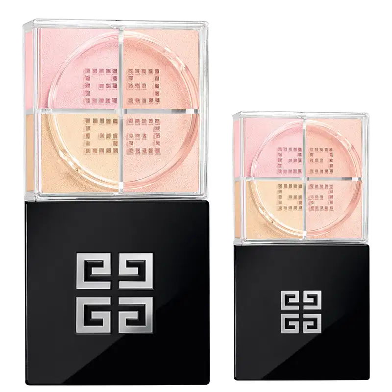 A imagem mostra o comparativo de tamanho entre as embalagens do pó solto prisme libre. A maior possui 10g e a menor com 3g. Ambas com a mesma cartela de cores.