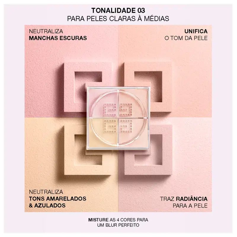 A imagem mostra as cores da TONALIDADE 03 PARA PELES CLARAS À MÉDIAS do pó solto. Os tons indicam: neutraliza Manchas Escuras, Tons Amarelados e Azulados. Além de tons para unificar e trazer radiância da pele.