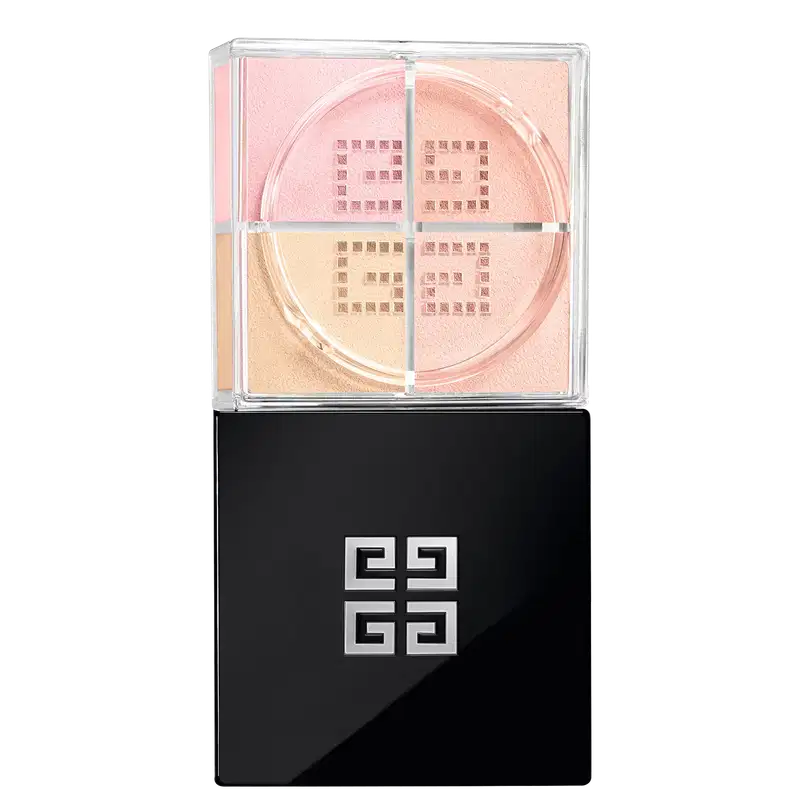 A imagem mostra o pó solto de Givenchy. É uma caixa preta elegante, com o logotipo da marca em relevo na tampa superior. A caixa é retangular e possui uma base transparente de acrílico que permite ver as cores suaves  rosadas e amareladas.