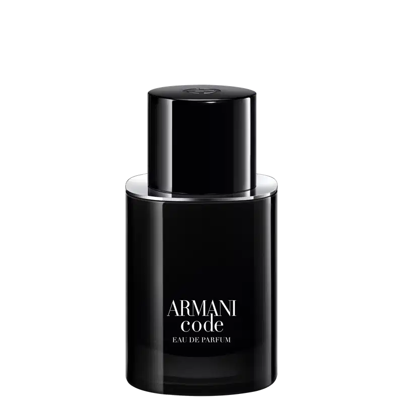 A imagem mostra um frasco cilíndrico preto brilhante, com linhas retas e modernas. No corpo do frasco, está inscrito em letras brancas "ARMANI code EAU DE PARFUM", deixando evidente que é um eau de parfum da linha Code da marca Armani.