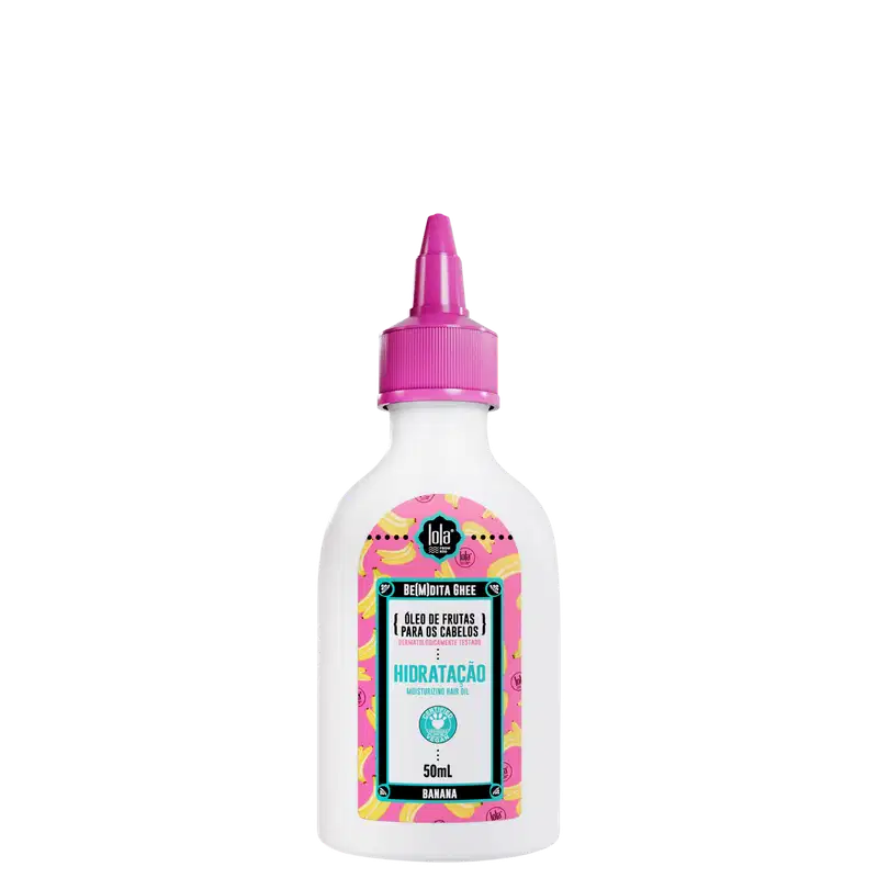 A imagem mostra um frasco plástico branco com tampa rosada e rótulo com fundo rosa e desenhos de banana, além de informações do produto como marca, tipo de produto e, no rodapé do rótulo, a volumetria.