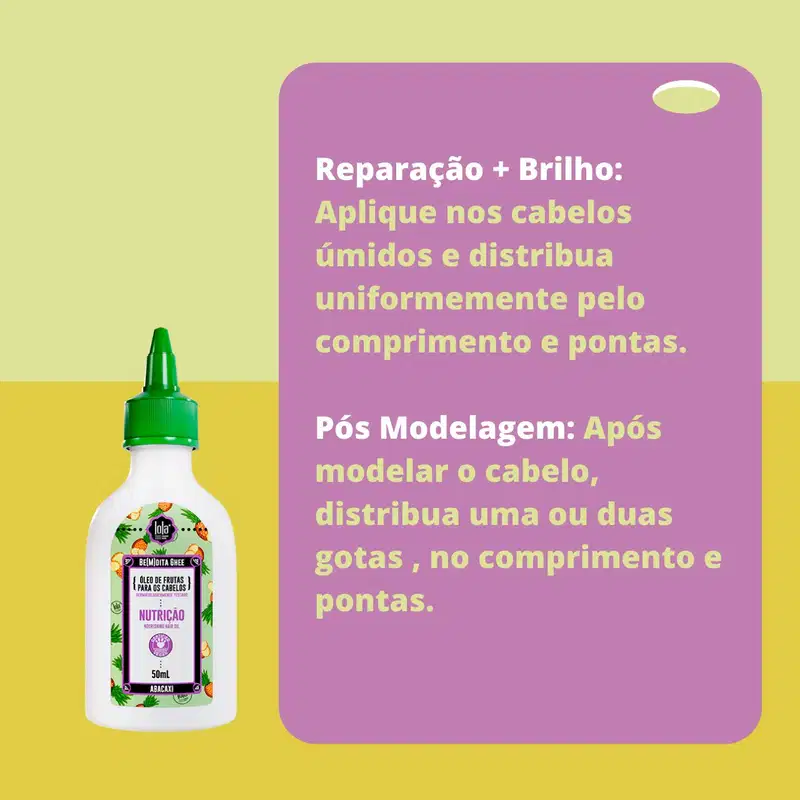 A imagem mostra o produto do lado esquerdo e, num fundo com dois tons de amarelo e, ao lado, um fundo lilás com informações sobre o produto escrito em amarelo.