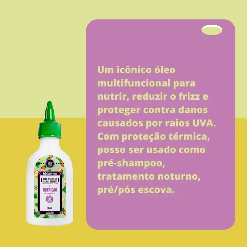 A imagem mostra o produto do lado esquerdo e, num fundo com dois tons de amarelo e, ao lado, um fundo lilás com informações sobre o produto escrito em amarelo.