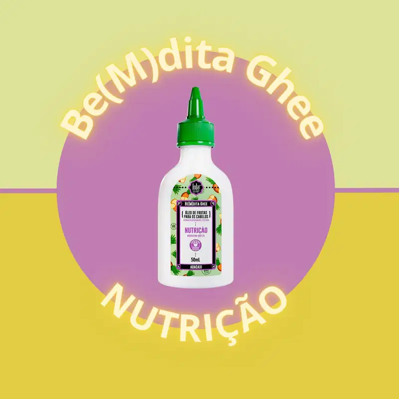 A imagem mostra um fundo separado por uma linha lilás, com dois tons de amarelo, um mais claro e outro abaixo mais escuro. No centro, um círculo lilás com o produto no meio e, em volta o nome da linha e a palavra nutrição.