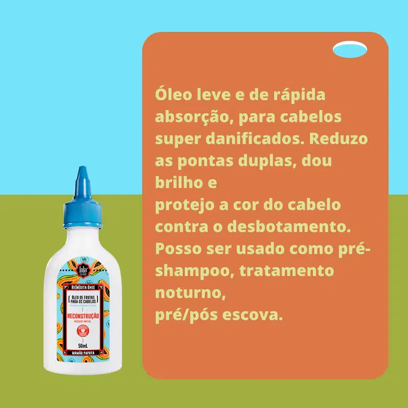 A imagem mostra um fundo com duas cores, azul e verde. Do lado esquerdo, o produto e, do lado direito, com fundo laranja, informações sobre o produto escrito em amarelo.