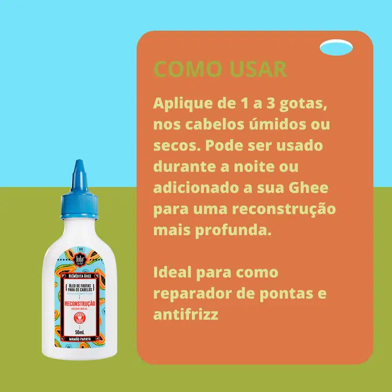 A imagem mostra um fundo com duas cores, azul e verde. Do lado esquerdo, o produto e, do lado direito, com fundo laranja, informações sobre o produto escrito em amarelo.