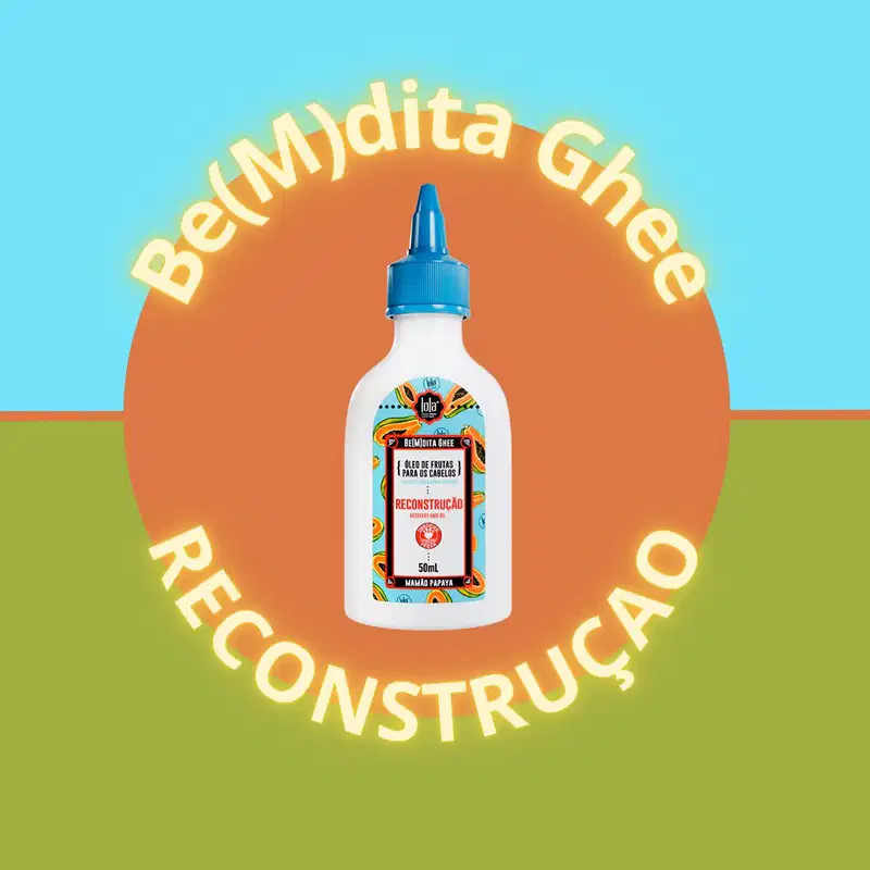 A imagem mostra um fundo separado por uma linha laranja, com duas cores, azul e verde. No centro, um círculo laranja com o produto no meio e, em volta o nome da linha e a palavra reconstrução.