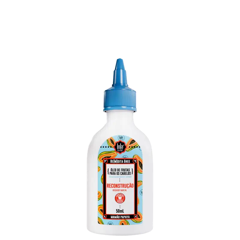 A imagem mostra um frasco plástico branco com tampa azul e rótulo com fundo azul claro e desenhos de mamão, além de informações do produto como marca, tipo de produto e, no rodapé do rótulo, a volumetria.