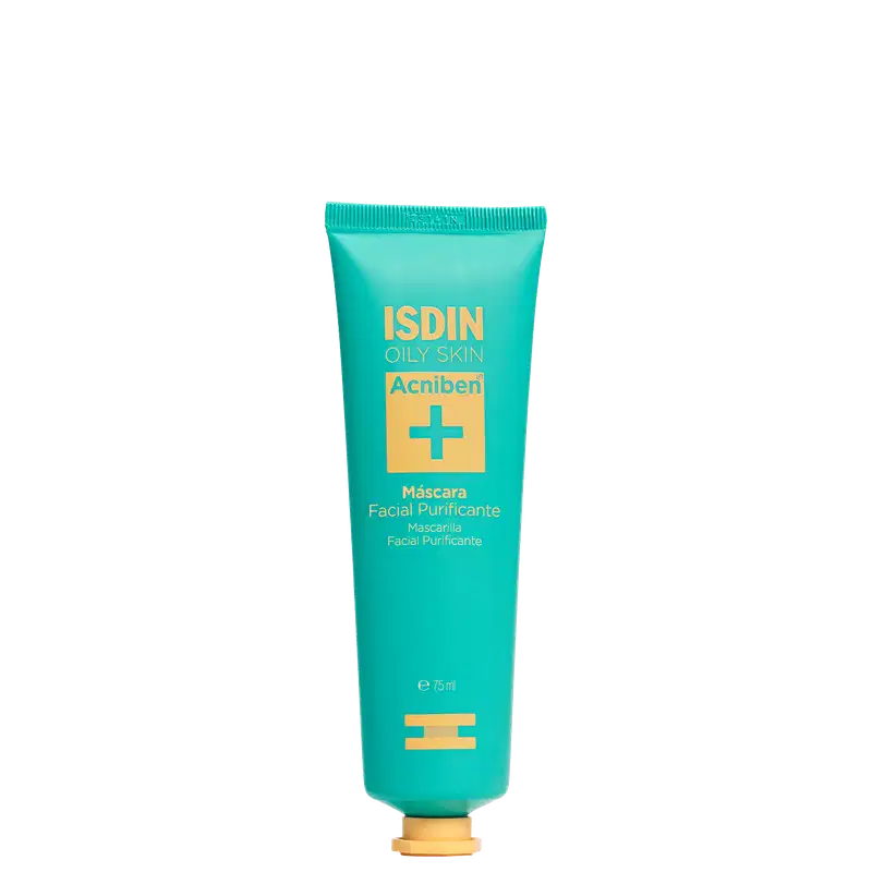 O tubo é de plástico na cor verde água. Na frente, há o logotipo Isdin e o nome do produto "Acniben" em letras amarelas, além de informações como "Máscara Facial Purificante" e o volume de 75ml. O tubo tem detalhes em amarelo que complementam o design.