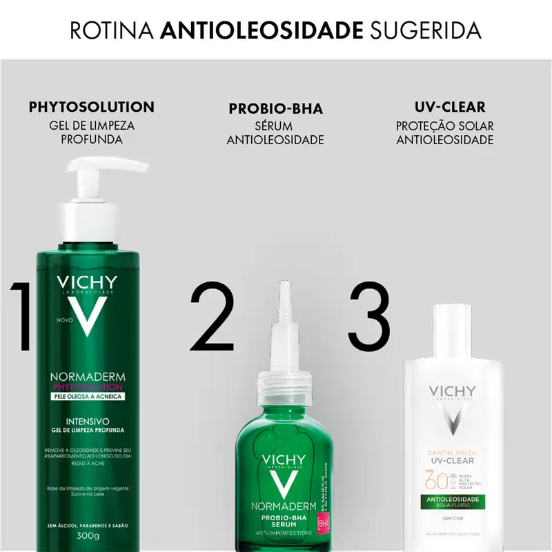 Passo a passo com gel de limpeza Phytosolution, sérum probio-bha e protetor solar uv clear.