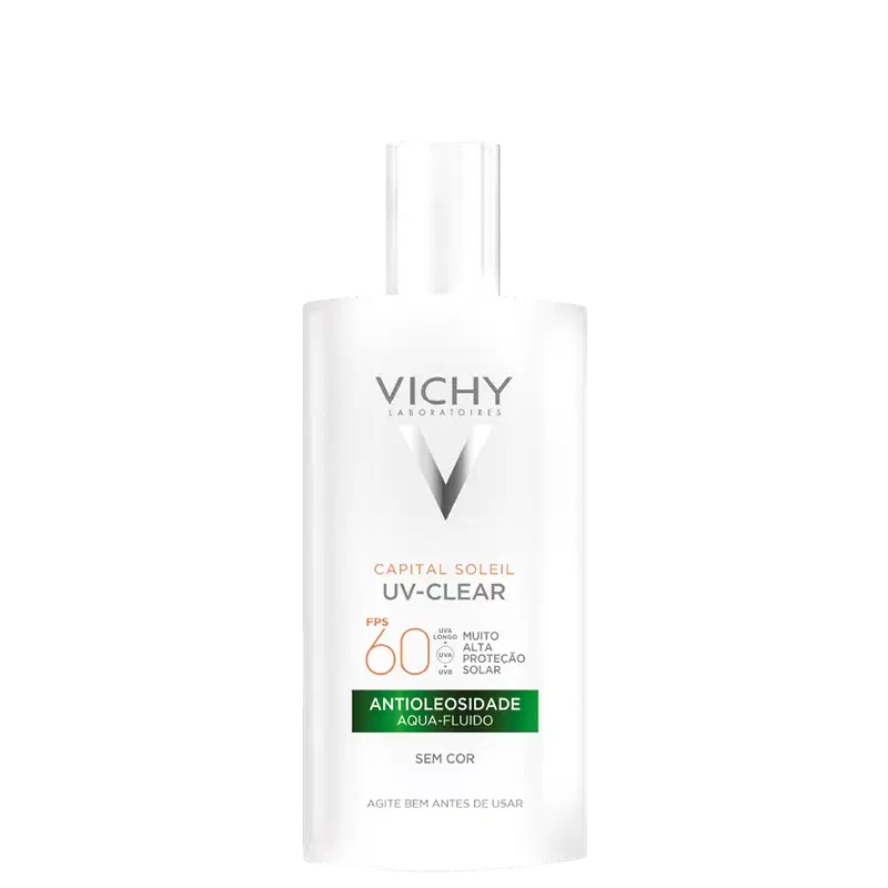 Embalagem em frasco plástico branco opaco. Rótulo frontal com o logotipo Vichy e o nome do produto "Capital Soleil UV-Clear" em letras cinza. Indicação de FPS 60 e descrição "Antioleosidade Aqua-Fluido Sem Cor".