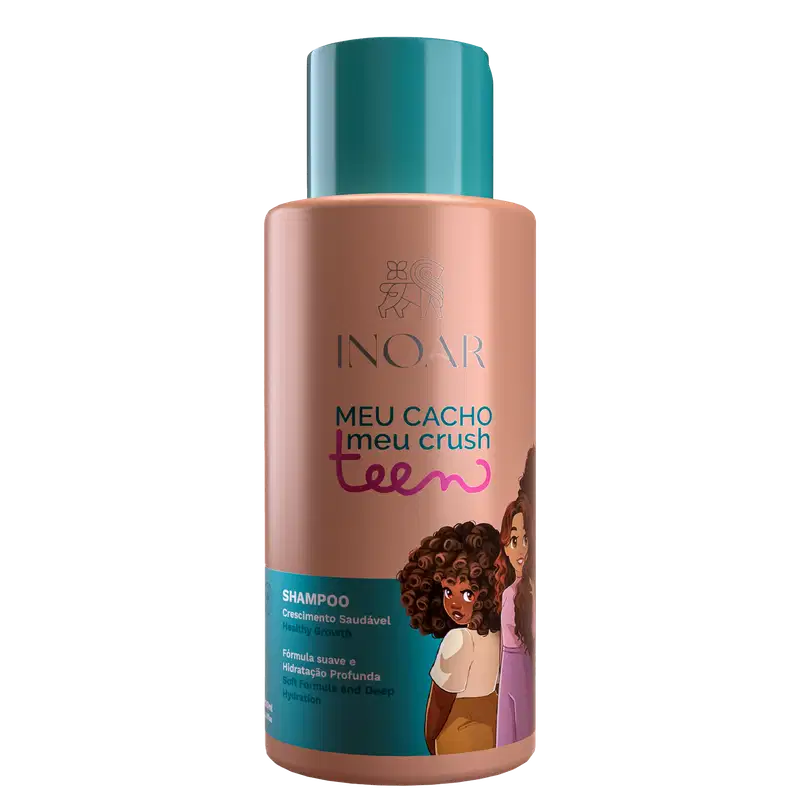 A imagem mostra o Shampoo Inoar Meu Cacho Meu Crush Teen 500ml em embalagem cilíndrica de plástico, com tons de rosa, roxo e verde. Traz ilustração de meninas com cabelos cacheados. O rótulo exibe a descrição Shampoo - Fórmula suave e Hidratação Profunda.