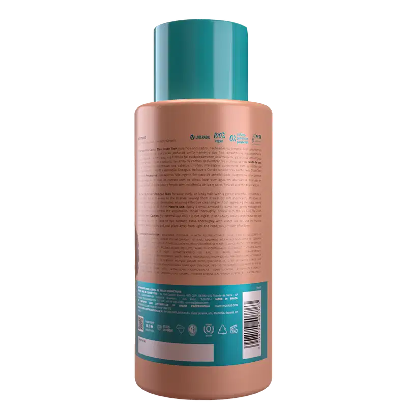 Parte de trás da embalagem do Shampoo Inoar Meu Cacho, Meu Crush Teen. Traz texto com as instruções de uso e os ingredientes do produto. O rótulo também exibe o logotipo da marca e informações como "100% vegano" e "0% crueldade animal".