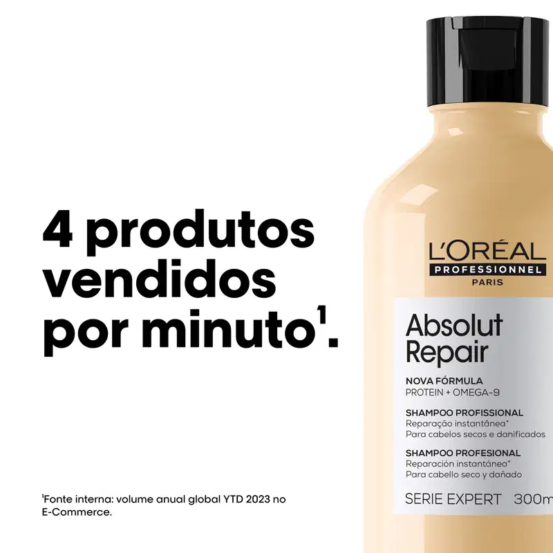 Frasco da marca L'Oréal Professionnel, com o nome "Absolut Repair" e informações sobre o produto, incluindo "Nova fórmula Protein + Omega-9" e "Shampoo profissional para cabelo seco e danificado".